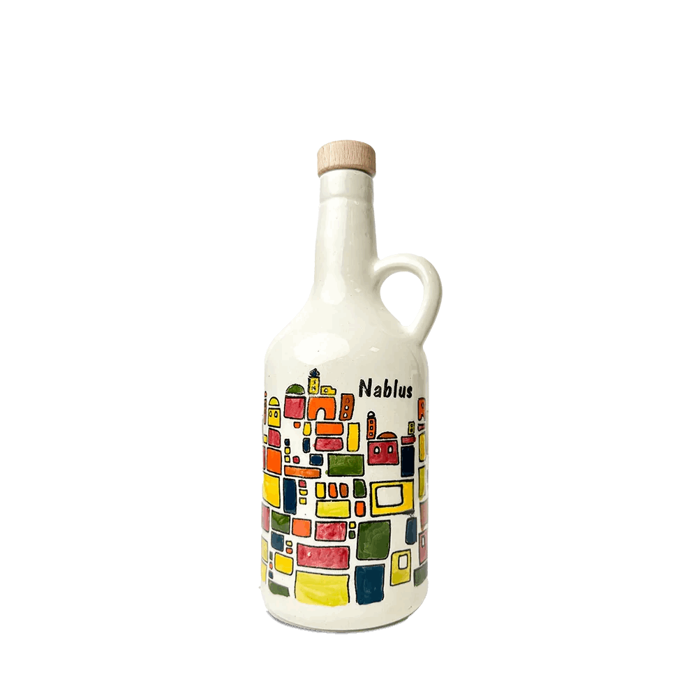 Handgemalte Keramik-Olivenölflasche aus Hebron + 500 ml Olivenöl – Limitierte Kunstedition mit Stadtmotiven aus Palästina